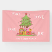 Vrede, Liefde & Vreugde - Retro Kerstboom op Roze Spandoek (Horizontaal)
