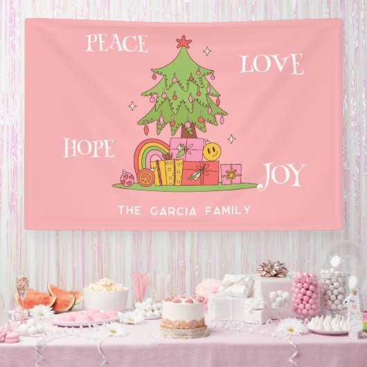 Vrede, Liefde & Vreugde - Retro Kerstboom op Roze Spandoek (Feest)