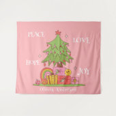 Vrede, Liefde & Vreugde - Retro Kerstboom op Roze Wandkleed (Voorkant (horizontaal))