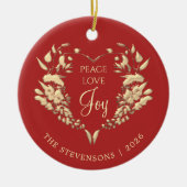 Vrede Liefde Vreugde Rood Goud Kerstmis Keramisch Ornament (Voorkant)