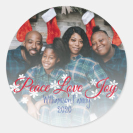 Vrede Liefde Vreugde Rood Script Uw Foto Ronde Sticker