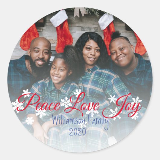 Vrede Liefde Vreugde Rood Script Uw Foto Ronde Sticker (Voorkant)