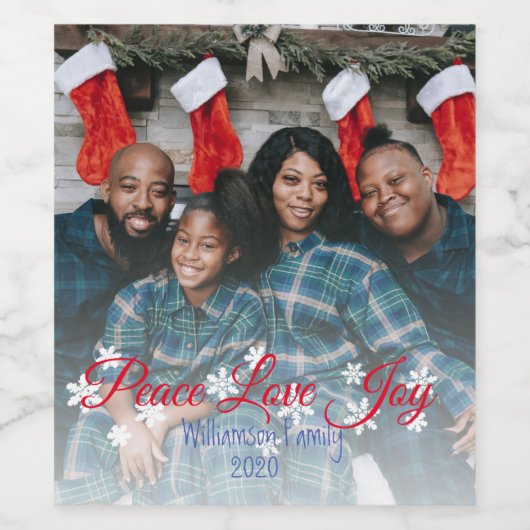 Vrede Liefde Vreugde Rood Script Uw Foto Wijn Etiket (Enkel label)