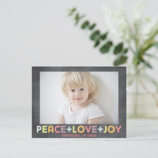 VREDE LIEFDE VREUGDE SCHOOLBORD FEstdAGEN FOTO Feestdagenkaart (Staand voorkant)