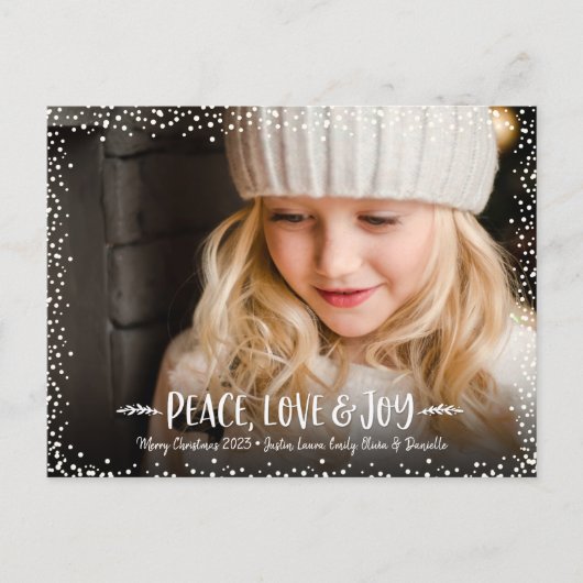 Vrede Liefde Vreugde Script Custom Foto Confetti S Feestdagenkaart (Voorkant)