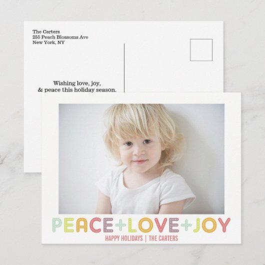 VREDE LIEFDE VREUGDE TYPOGRAFIE VAKANTIE FOTO FEESTDAGENKAART (Voorkant / Achterkant)