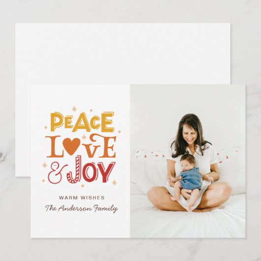 Vrede liefde vreugde. Winter Kerstmis belettering Feestdagenkaart (Voorkant / Achterkant)