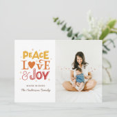 Vrede liefde vreugde. Winter Kerstmis belettering Feestdagenkaart (Staand voorkant)