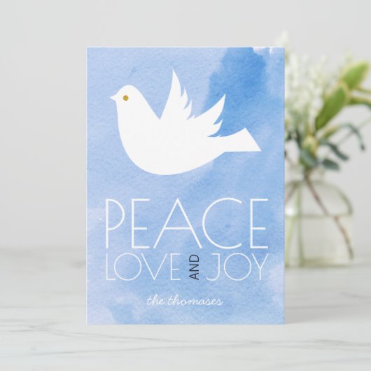 Vrede, liefde, vrolijkheid blauw waterverf & duif  feestdagenkaart (Staand voorkant)