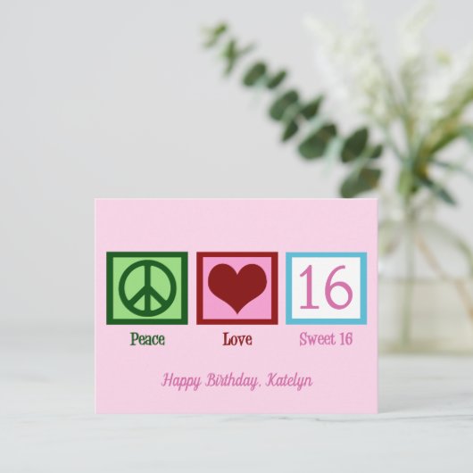 Vrede Liefde Zoete 16 Mooie Roze 16e Verjaardag Briefkaart (Staand voorkant)