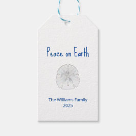 Vrede met kerstbeugels en dollazen op aarde cadeaulabel