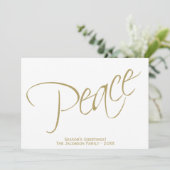 Vrede. Minimalistische gouden script typografie fo Feestdagenkaart (Staand voorkant)