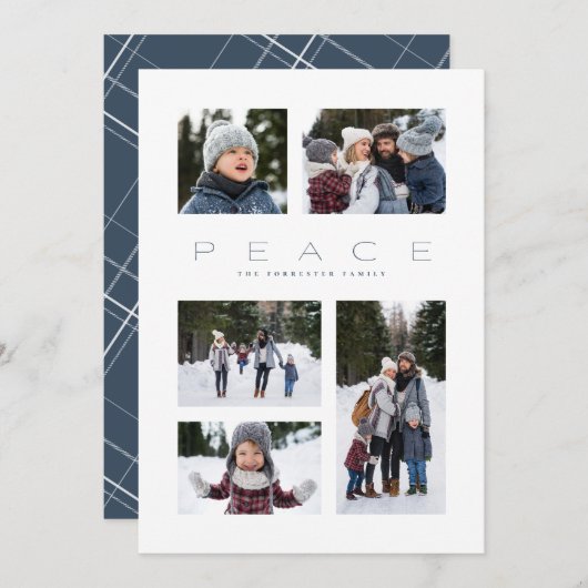Vrede modern minimal 5 foto blauw Kerstmis Feestdagenkaart (Voorkant / Achterkant)