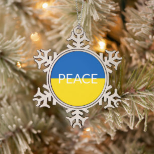 Vrede Oekraïne vlag blauw geel aangepaste tekst Tin Sneeuwvlok Ornament