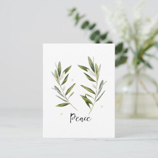 VREDE, olijfblad, kerstmis, feestdag, waterverf, Uitnodiging Briefkaart (Staand voorkant)