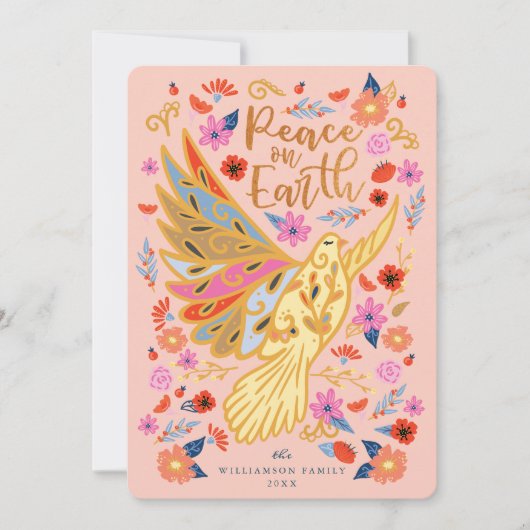 Vrede op Aarde als duif Floral Folk Art Blush Pink Feestdagenkaart (Voorkant)