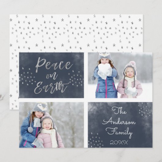 Vrede op aarde Blauw en Zilver Aquarel Foto Feestdagenkaart (Voorkant / Achterkant)