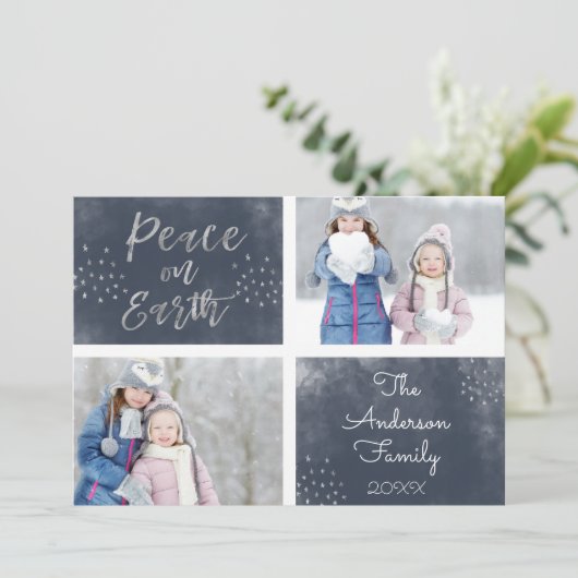 Vrede op aarde Blauw en Zilver Aquarel Foto Feestdagenkaart (Staand voorkant)