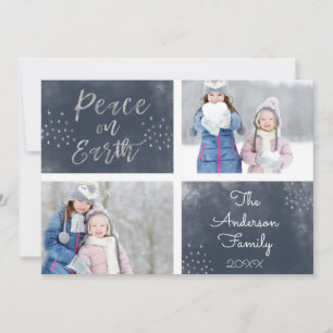Vrede op aarde Blauw en Zilver Aquarel Foto Feestdagenkaart