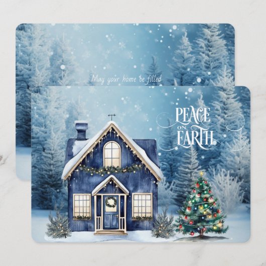 Vrede op aarde Blauwe Kerstmis Winter Scene Huis (Voorkant / Achterkant)