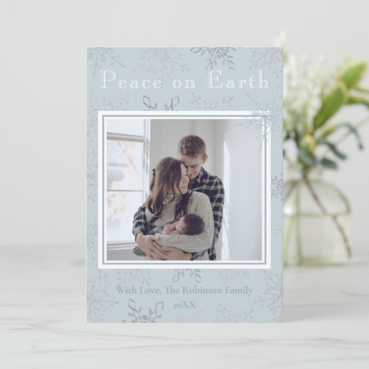 Vrede op Aarde Blauwe Sneeuwvlok Eén Foto Kerst Feestdagenkaart (Staand voorkant)