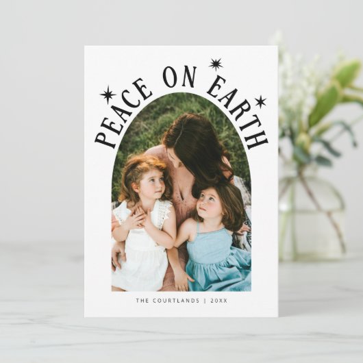 Vrede op Aarde Boog Foto Witte Kerst Feestdagenkaart (Staand voorkant)