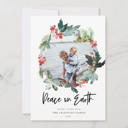 Vrede op Aarde Botanische Berry Krans Foto Feestdagenkaart (Voorkant)