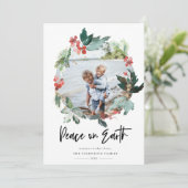 Vrede op Aarde Botanische Berry Krans Foto Feestdagenkaart (Staand voorkant)