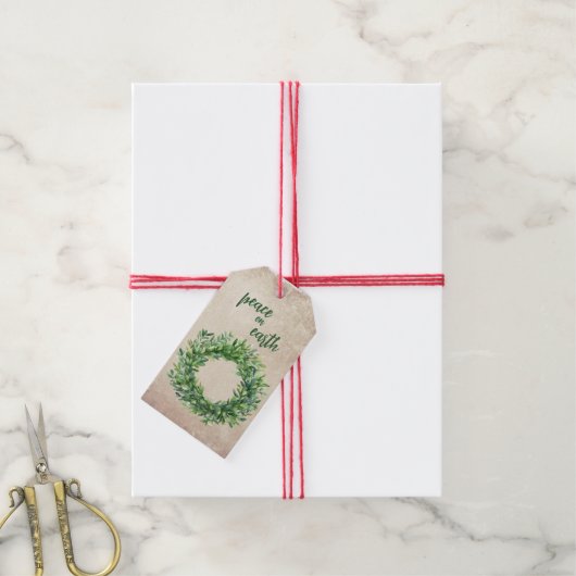 Vrede op aarde Boxwood krans Kerstmis Cadeaulabel (Met Touw)