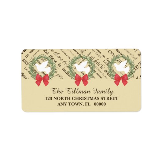 Vrede op Aarde Duif, Olijfbladeren, Typografie, Bo Etiket (Voorkant)