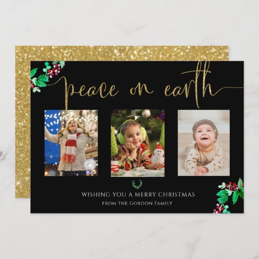 Vrede op aarde Elegante gouden script Kerstmis fot Feestdagenkaart (Voorkant / Achterkant)