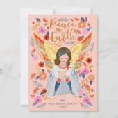 Vrede op Aarde Engel Floral Folk Art Blush Pink Feestdagenkaart (Voorkant)