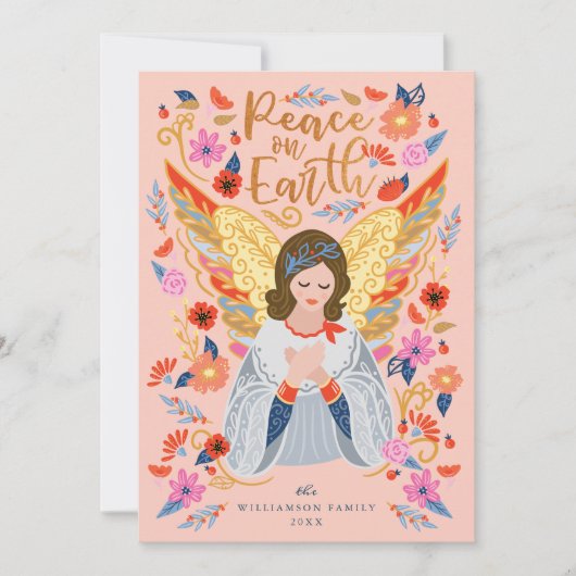 Vrede op Aarde Engel Floral Folk Art Blush Pink Feestdagenkaart (Voorkant)