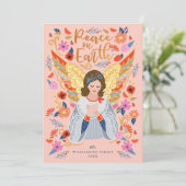 Vrede op Aarde Engel Floral Folk Art Blush Pink Feestdagenkaart (Staand voorkant)