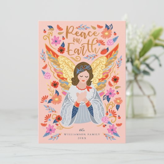 Vrede op Aarde Engel Floral Folk Art Blush Pink Feestdagenkaart (Staand voorkant)