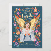 Vrede op aarde - engel Floral Folk Art Deep Blue Feestdagenkaart (Voorkant)