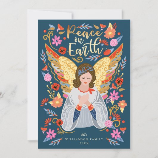 Vrede op aarde - engel Floral Folk Art Deep Blue Feestdagenkaart (Voorkant)