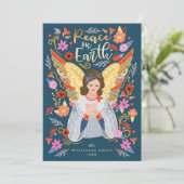 Vrede op aarde - engel Floral Folk Art Deep Blue Feestdagenkaart (Staand voorkant)