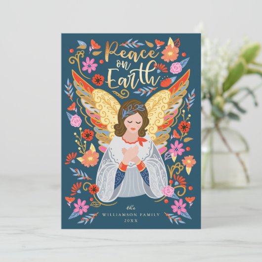 Vrede op aarde - engel Floral Folk Art Deep Blue Feestdagenkaart (Staand voorkant)