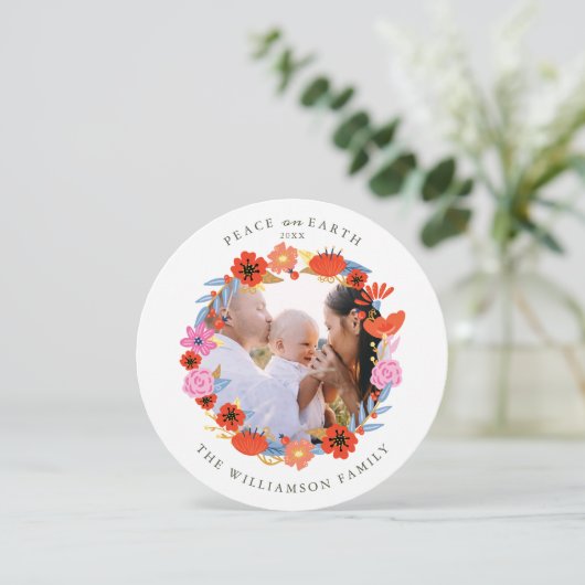 Vrede op aarde  Floral Folk Art met foto Feestdagenkaart (Staand voorkant)