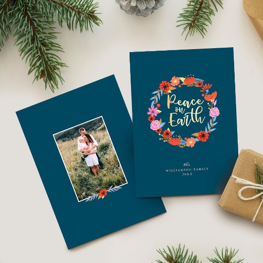 Vrede op aarde Floral Folk Art Wreath Feestdagenkaart