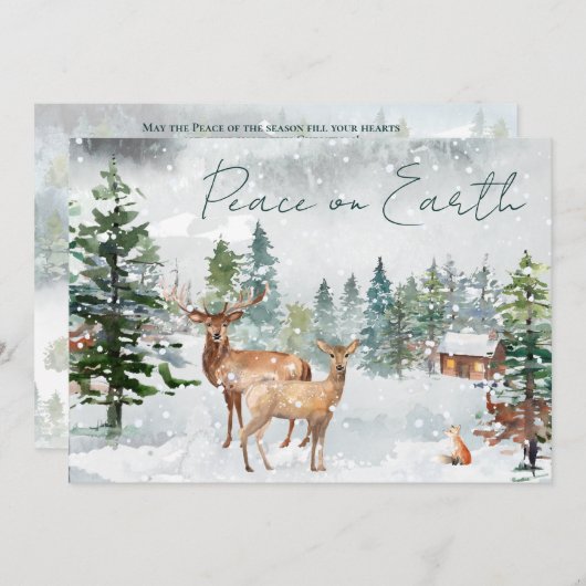 Vrede op aarde Foto Snowy Forest Deer Scripting Feestdagenkaart (Voorkant / Achterkant)