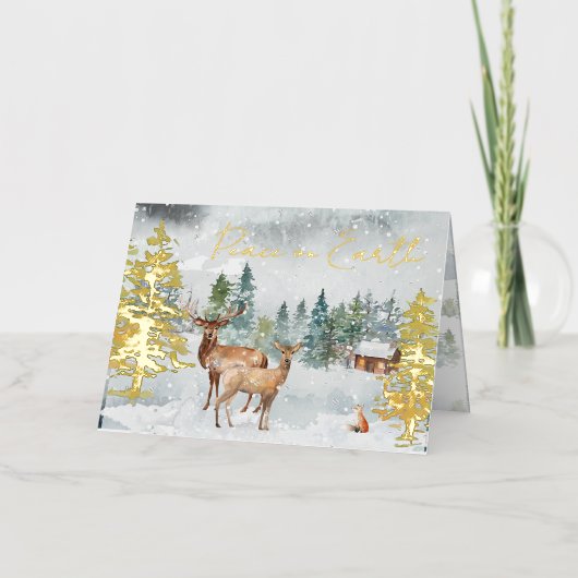 Vrede op aarde Foto Snowy Forest Deer Scripting Folie Feestdagenkaart (Voorkant)