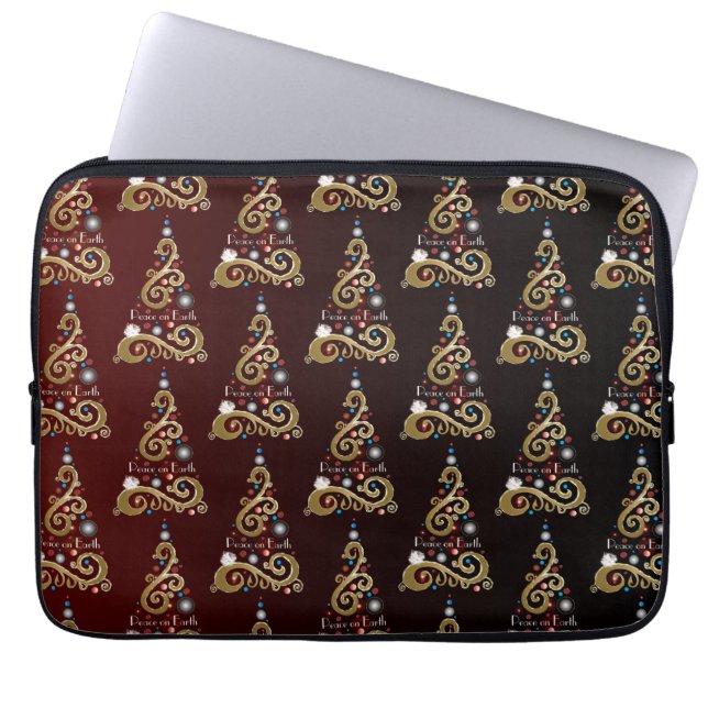 Vrede op aarde: gouden kerstboompatroon laptop sleeve (Voorkant)