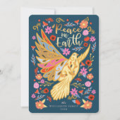 Vrede op Aarde in Floral Folk Art Deep Blue Feestdagenkaart (Voorkant)