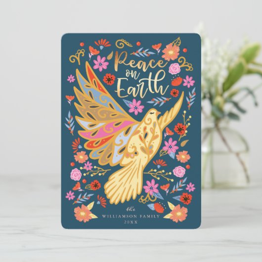 Vrede op Aarde in Floral Folk Art Deep Blue Feestdagenkaart (Staand voorkant)