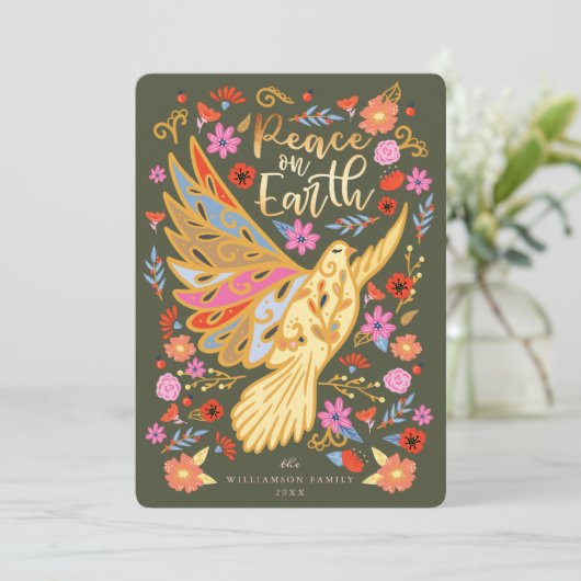 Vrede op Aarde in Floral Folk Art Earthy Green Feestdagenkaart (Staand voorkant)