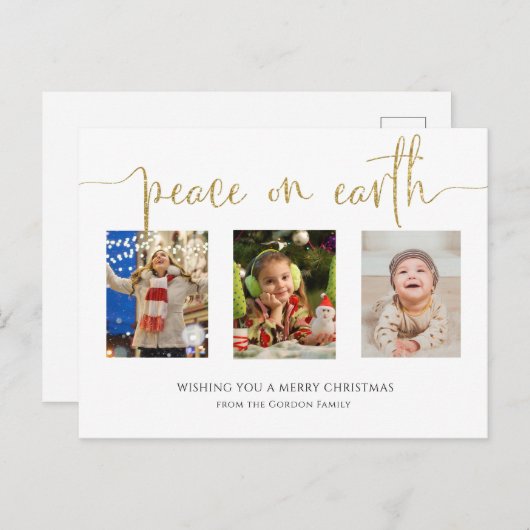 Vrede op aarde Kerstmis 3 Fotocollage Glitter Feestdagenkaart (Voorkant / Achterkant)