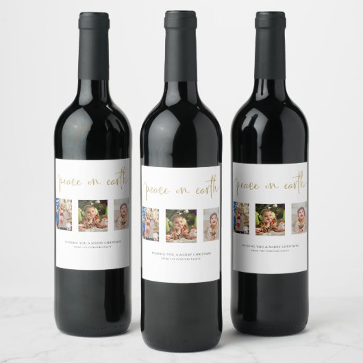 Vrede op aarde Kerstmis 3 Fotocollage Glitter Wijn Etiket (Flessen)