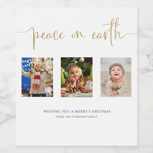 Vrede op aarde Kerstmis 3 Fotocollage Glitter Wijn Etiket (Enkel label)